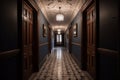 Interior of an old hospital, or apartment corridor with wooden doors and tile floor. Colonial, country style Royalty Free Stock Photo