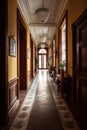 Interior of an old hotel corridor with wooden doors and windows. Colonial, country style Royalty Free Stock Photo