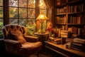 Interior of an old library with bookshelves and armchair, Escape to a bookworm\'s paradise with a cozy reading corner