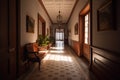 Interior of an old mansion with a long corridor and a chair. Colonial, country style Royalty Free Stock Photo