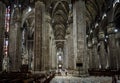 Interior of old Milan Cathedral or Duomo di Milano. It is great Catholic church, top landmark of Milan. Inside the dark Gothic