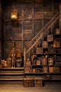 Interior of an old rustic wooden house with shelves and vintage lamp Royalty Free Stock Photo