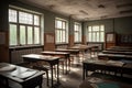 Interior of an old school classroom with tables and chairs and chairs, Decorated Interior of an empty school class, AI Generated Royalty Free Stock Photo