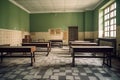 interior of an old school classroom with tables and chairs, retro toned, Decorated Interior of an empty school class, AI Generated Royalty Free Stock Photo