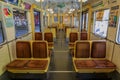 Interior of an old style empty car of the city underground metro or tunnelbana at Ropsten station in Stockholm, Sweden Royalty Free Stock Photo