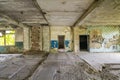 Interior of old warehouse building destroyed. Ruins of industrial enterprise, debris in abandoned factory premises as result of e