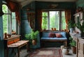 Interior of the old wooden house with a blue sofa in the corner Royalty Free Stock Photo