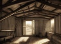 The interior of an old wooden rural outbuilding or shed with atmospheric sunlight coming through the open door and window.