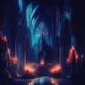 Interior of an ominous gothic cathedral red candles church Royalty Free Stock Photo