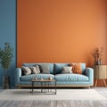 Interior with orange sofa in modern living room with blue mockup wall, home design 3d rendering Royalty Free Stock Photo