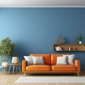 Interior with orange sofa in modern living room with blue mockup wall, home design, panorama 3d rendering Royalty Free Stock Photo
