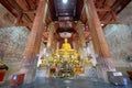 Interior of the ordination hall, or ubosot, at Wat Yai Suwannaram, a Buddhist temple in Phetchaburi, Thailand