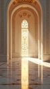 Interior of ornate mosque stunning Islamic architecture. Sunlight streams through tall, decorative window, casting intricate Royalty Free Stock Photo