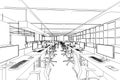 Interior outline sketch drawing perspective of a space office
