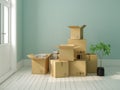 Interior with packed cardboard boxes for relocation 3D rendering Royalty Free Stock Photo