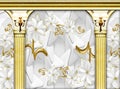 Interior of a palace 3d golden columns and flowers with wall lamp wallpaper background