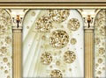 Interior of a palace 3d golden columns and flowers with wall lamp wallpaper background