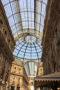 Interior panoramic view of Galleria Vittorio Emanuele II in Duomo Milan, Italy. Royalty Free Stock Photo