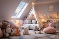 Interior of pastel kid bedroom with comfortable bed, desk and many doll. Girl bedroom. Generative Ai