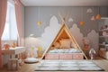 Interior of pastel kid bedroom with comfortable bed, wardrobe, desk and many doll