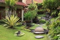 Interior patio garden with lush vegetation in Yogyakarta, Java, Indonesia