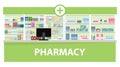 The interior of the pharmacy. The buyer with the goods stands near the pharmacist. Vector illustration.