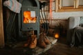 Interior photo of a mountainhouse fireplace. Cozy fireplace