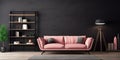 Interior with pink sofa and ladder shelf in modern living room with wooden panelling and black mockup wall Royalty Free Stock Photo