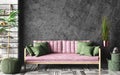 Interior with pink sofa and ladder shelf in modern living room with wooden panelling and black mockup wall, home design 3d Royalty Free Stock Photo