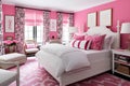 interior of a Pink and White Bedroom with Unmade Bed and Cushions , AI Generative Royalty Free Stock Photo