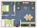 Interior plan top view. Realistic appartment livingroom bathroom badroom furniture table wardrobe sofa chairs tables