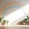Interior with plants and rainbow style decoration, 3d render, minimalist mockup design, generative ai
