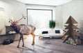 interior with plywood Christmas tree and the deer