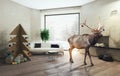 Interior with plywood Christmas tree and the deer