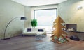 Interior with plywood Christmas tree