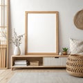 Interior poster mock up with horizontal empty wooden frame, Scandinavian style, 3D rendering Royalty Free Stock Photo