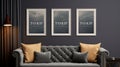 Interior poster mock up with two frames on the wall above velvet sofa with pillows and plaid. 3D rendering Royalty Free Stock Photo