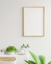 Interior poster mock up with vertical empty wooden frame,Scandinavian style