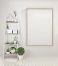 Mock up Interior poster mock up with wooden frame standing on wood floor and decoration plants.3D rendering Royalty Free Stock Photo
