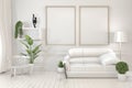 Interior poster mock up wooden frames, sofa, plant and lamp in living room with white wall minimal design. 3D rendering