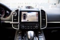 Interior of premium suv, work of front side, side, and rear view camera in 360 degrees system. Help assist options inside luxury