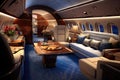 Interior of a private jet. 3D rendering. High resolution image, luxurious private jet interior exuding elegance and comfort, AI