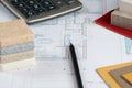 Interior project with material samples, pencil and calculator 1 Royalty Free Stock Photo