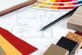 Interior project with palette, material samples, pencil 1 Royalty Free Stock Photo