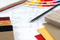 Interior project with palette, material samples, pencil 2 Royalty Free Stock Photo