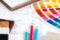 Interior project with palette, material samples, pencils 2 Royalty Free Stock Photo