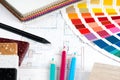 Interior project with palette, material samples, pencils 3 Royalty Free Stock Photo