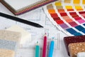 Interior project with palette, material samples, pencils 4 Royalty Free Stock Photo