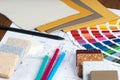 Interior project with palette, material samples, pencils 5 Royalty Free Stock Photo