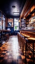 Interior of a pub with bar chairs and tables. Toned. Selective focus. Generative AI